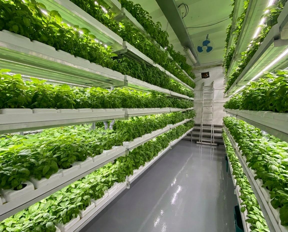 Basil racks on a gray epoxy floor