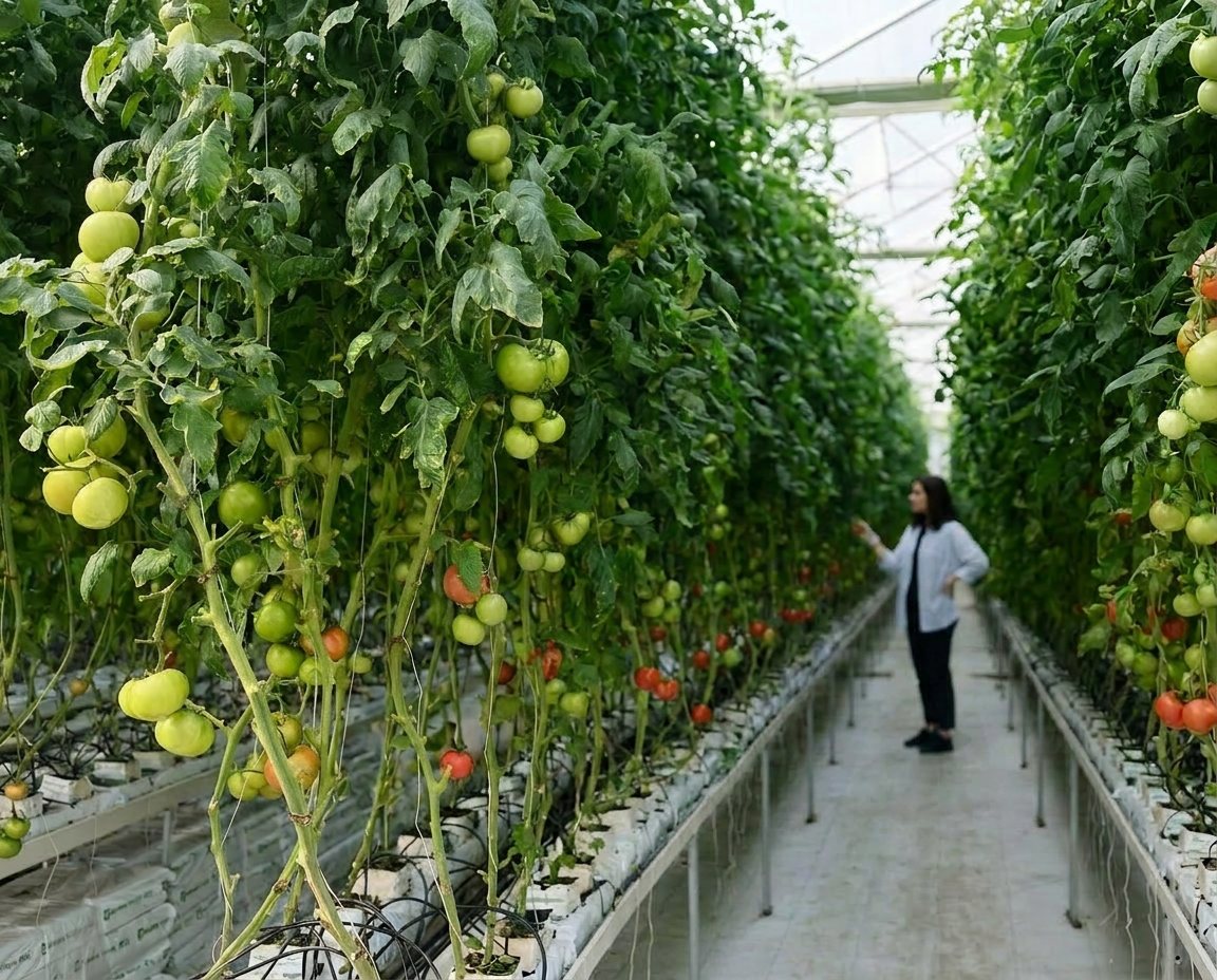 Fruiting tomato plants in a greenhouse aisle